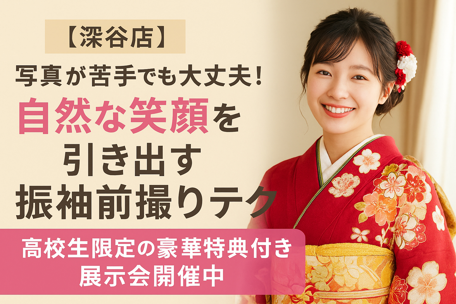 【深谷店】写真が苦手でも大丈夫！自然な笑顔を引き出す振袖前撮りテク＆高校生限定の豪華特典付き展示会開催中。このタイトルのブログに合うアイキャッチサムネ画像