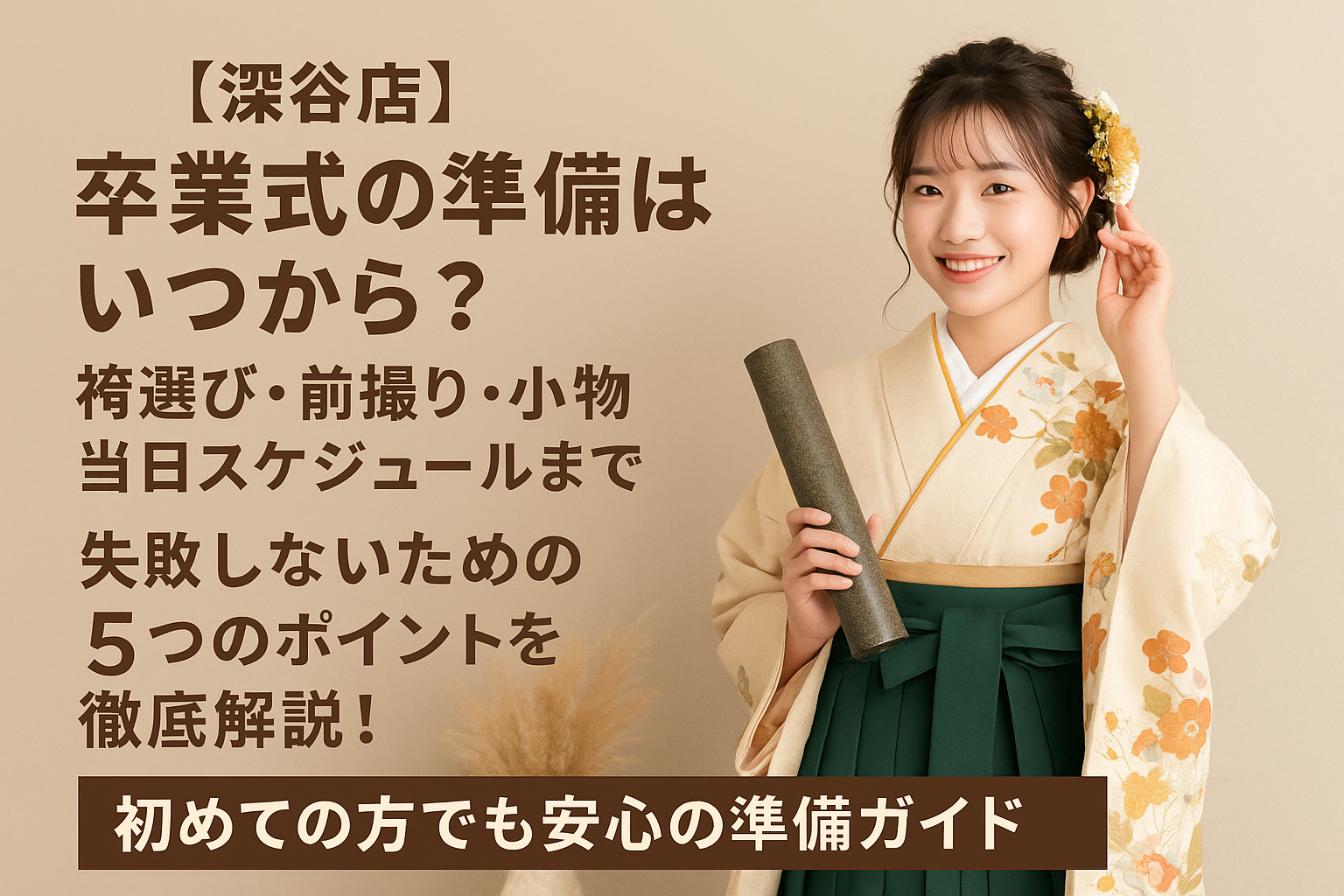 【深谷店】卒業式の準備はいつから?袴選び・前撮り・小物・当日スケジュールまで失敗しないための5つのポイントを徹底解説!初めての方でも安心の準備ガイド。サムネ画像