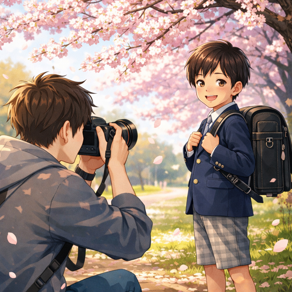 桜の下で写真撮影をしている小学生の男の子