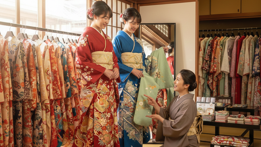 赤色の振袖と青色の振袖を着ている双子ちゃんの着物試着の様子