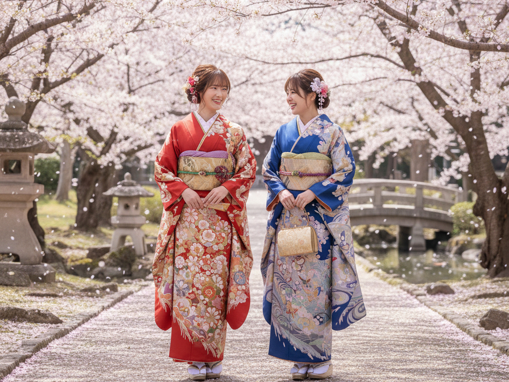 桜の木の下で赤色の振袖を着た女の子と青色の振袖を着た女の子がお話しして居るようす。