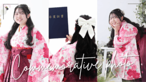 白ピンクの二尺袖とワインカラーの袴を着た卒業式前撮りの女性
