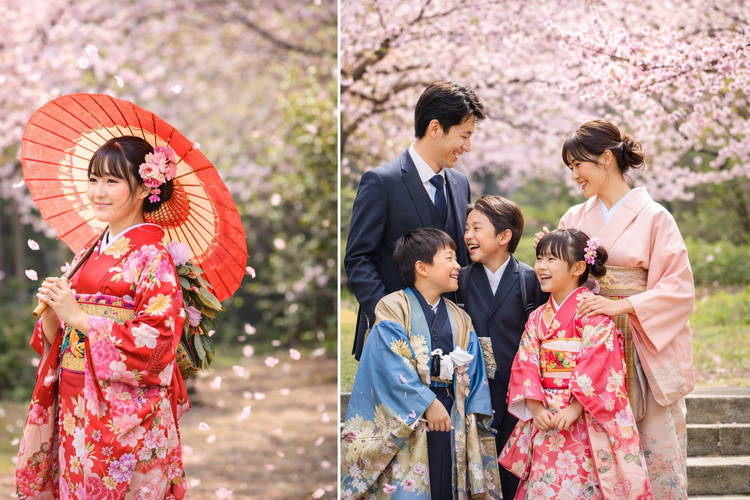 桜の下にいる傘を差した成人の女の子と、七五三のお詣りをしている家族