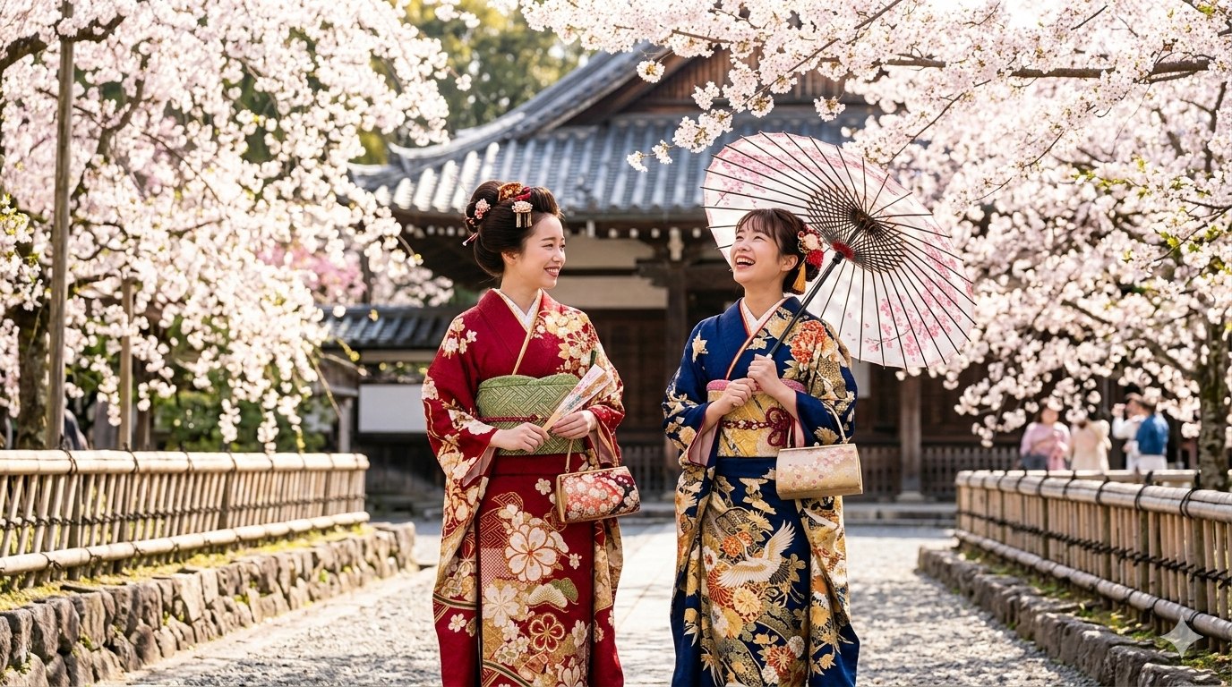 振袖を着た2人の女の子たちが楽しそうに笑いながら歩いている様子