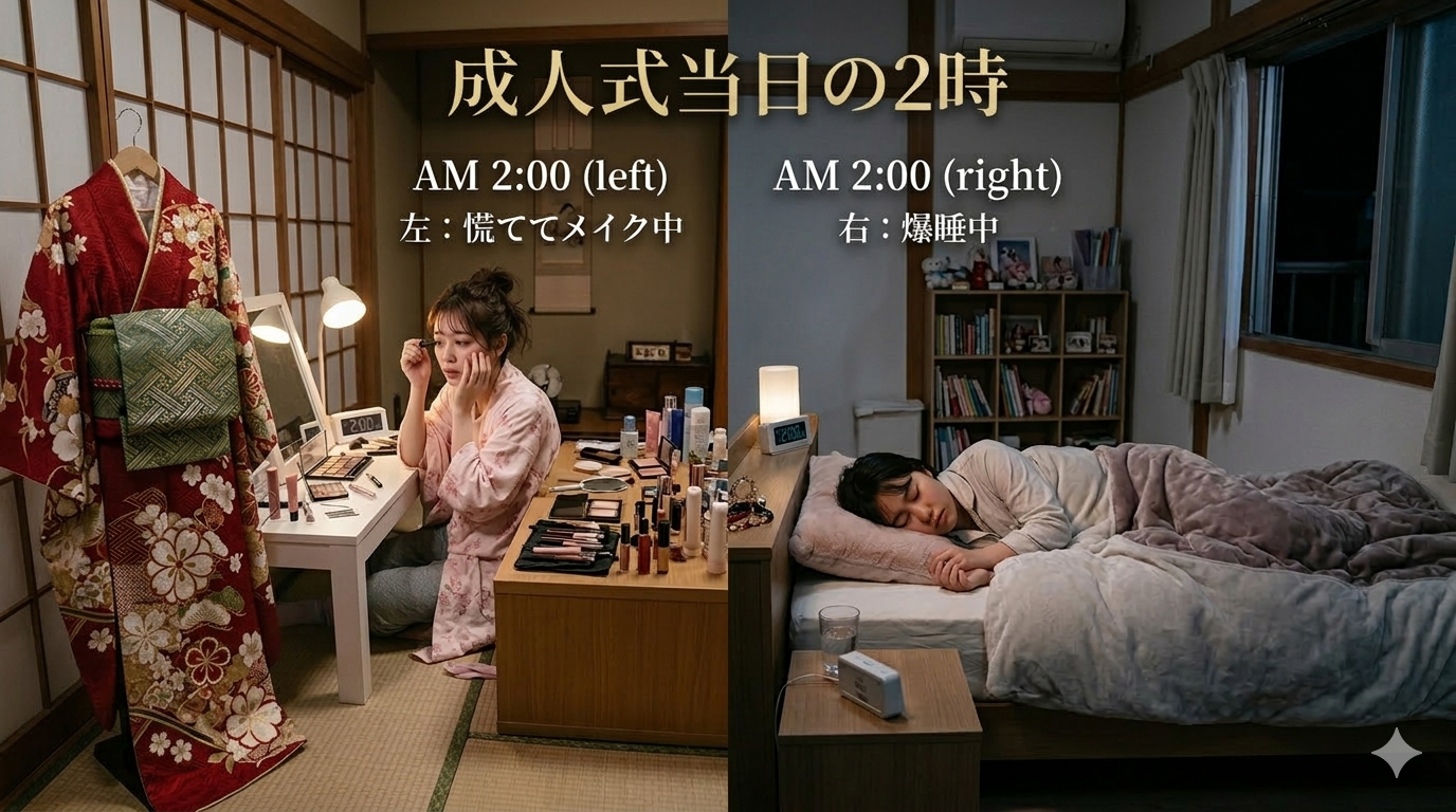 真っ暗闇でメイクをしている成人式当日の女の子と大爆睡中の女の子の朝