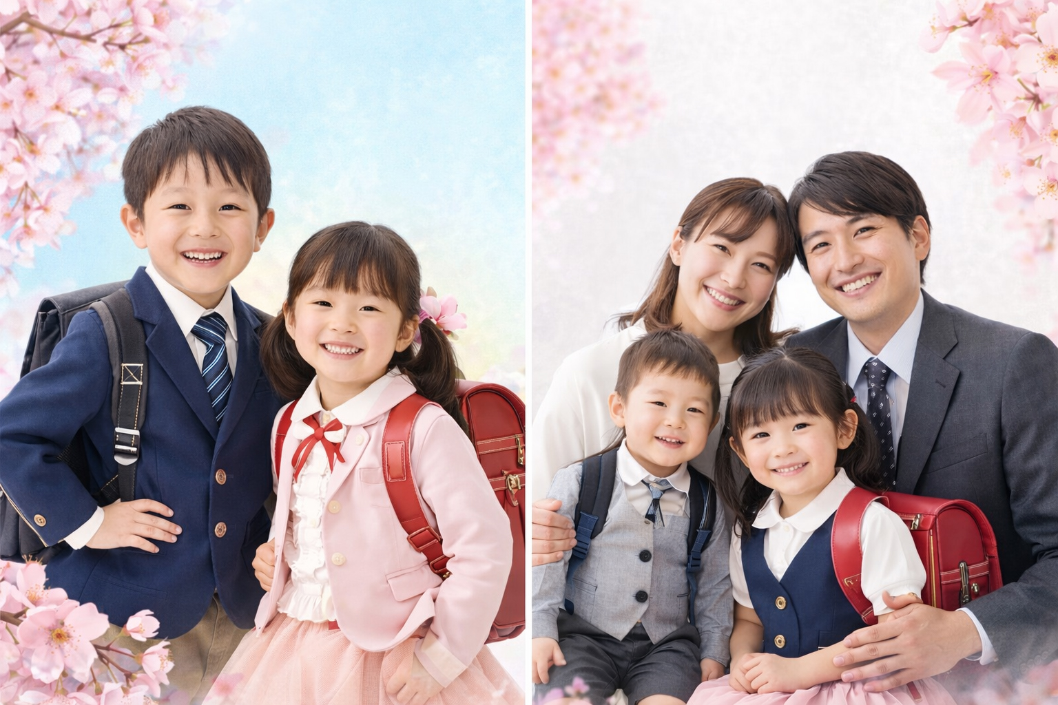 ランドセルを背負った2人のきょうだい写真と、ランドセルを背負った女の子が写っている4人家族写真