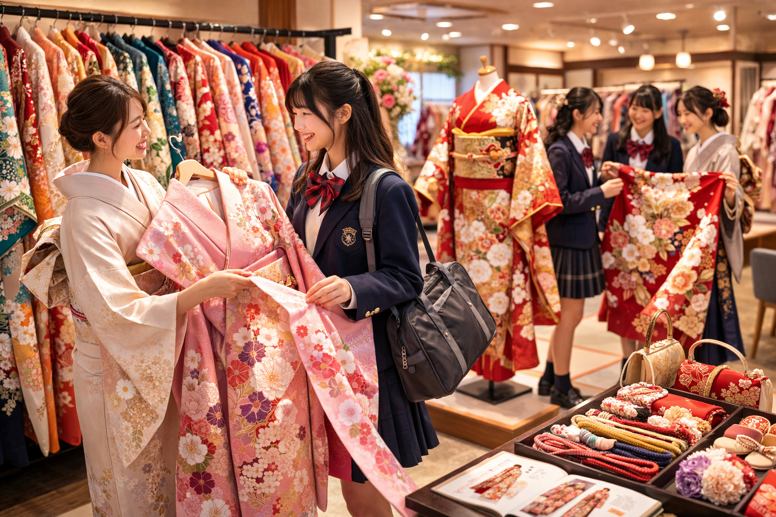 制服を着ている高校生が振袖を選んでいる様子