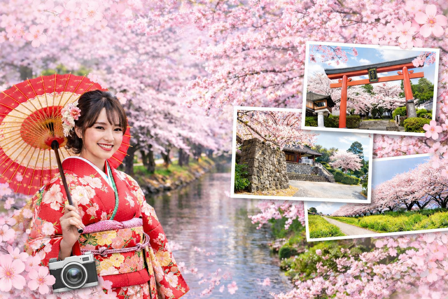 桜の中傘さしている振袖を着た女の人